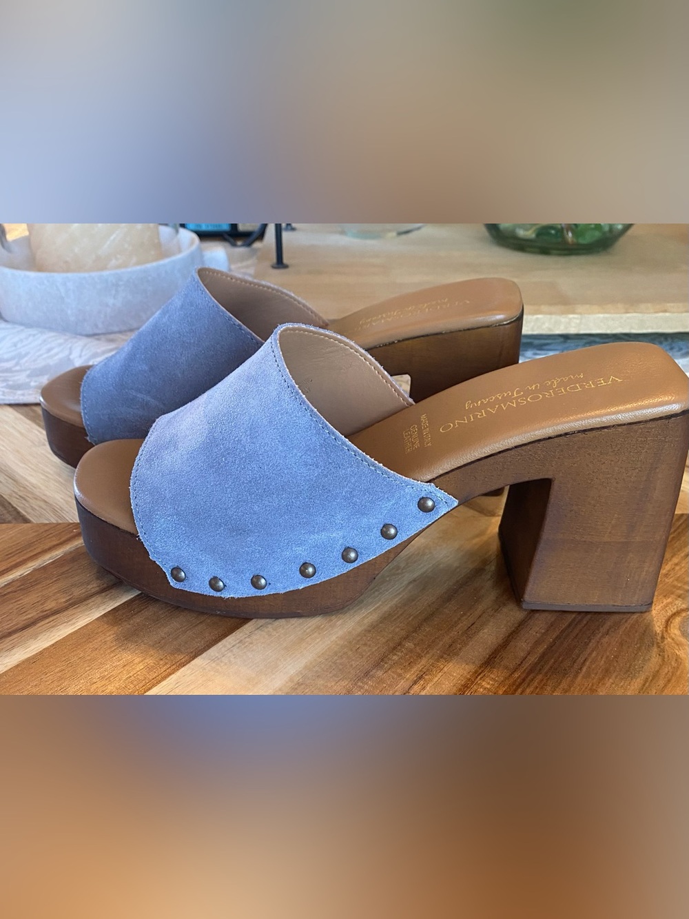 Suede Studded Light Blue Clog Mules